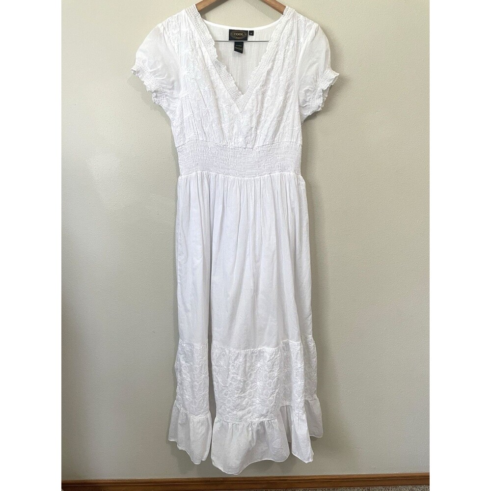 White Embroidered Cotton Midi Dress Smocked Waist V-Neck Boho Cottagecore M